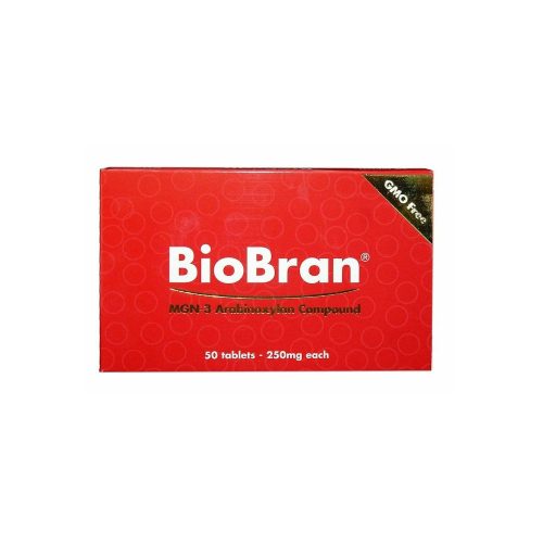 Bright red box of Biobran MGN-3 250mg x 50 tabs on a white background.