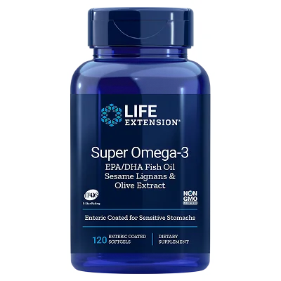 Super Omega-3 EPA/DHA Fish Oil, Sesame Lignans & Olive Extract, 120 Enteric Coated Softgels Life Extension