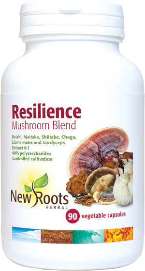 White Bottle of Resilience Mushroom Blend 90 capsules on a white background