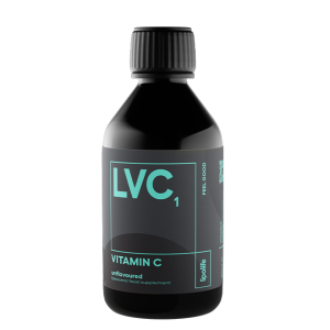 Black bottle of LVC1 Liposomal Vitamin C, 240ml – Lipolife on a white background.