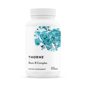 Bottle of Basic B Complex – 60 Veg Caps – Thorne Research on a white background.