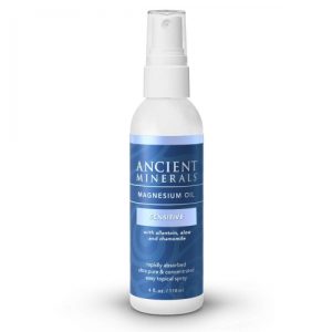 Spray bottle of Magnesium Oil 4oz spray – Sensitive – Ancient Minerals (with Allantoin, Organic Chamomile, and Organic Aloe Vera) on a white background.