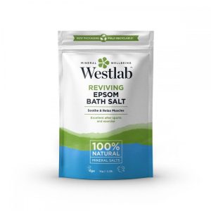 Square bag of Reviving Epsom Bath Salt 1kg – WestLab on white background.