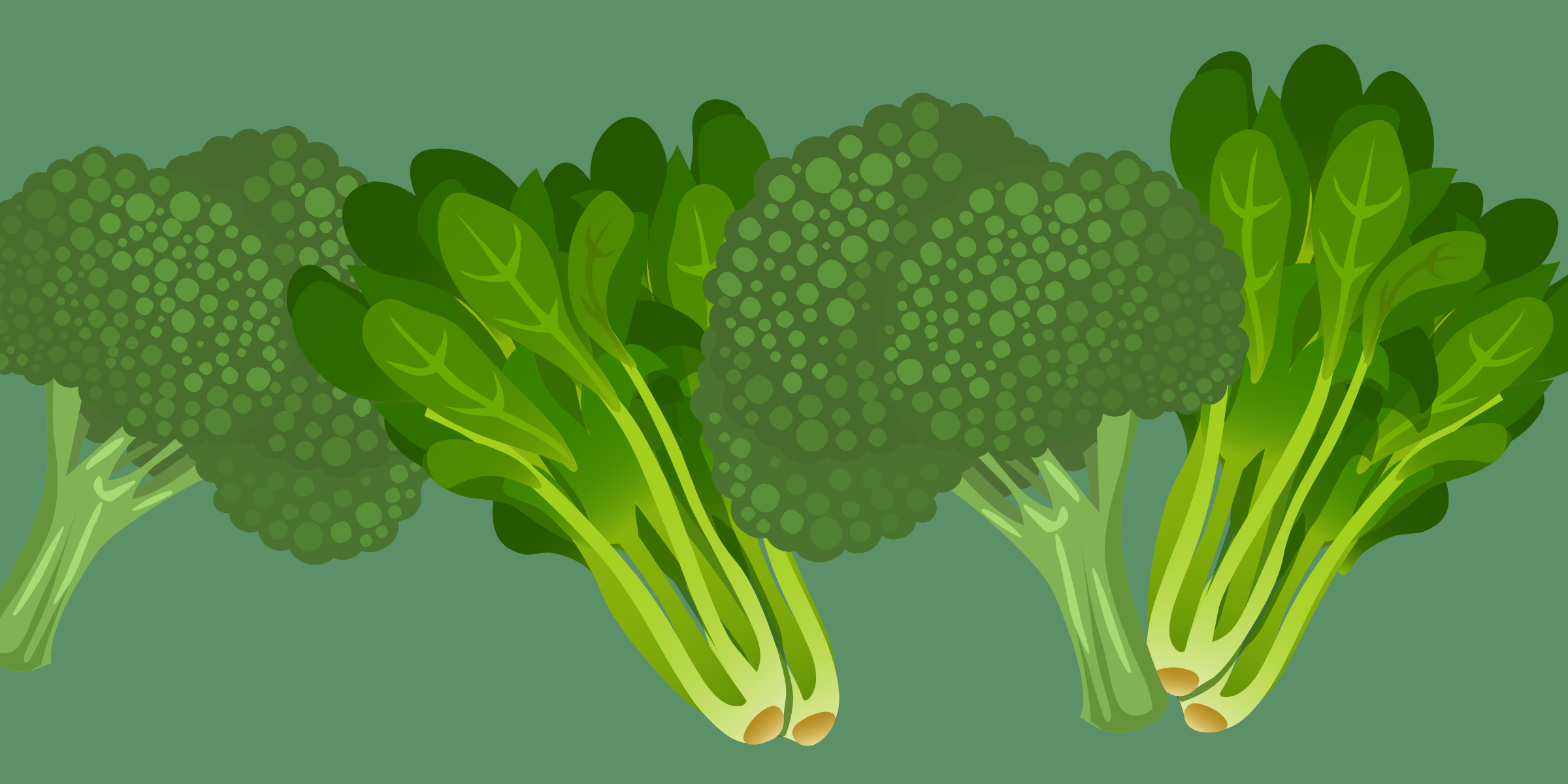 Rotation of a piece of broccoli and a cluster of spinach across the image on a dark green background.