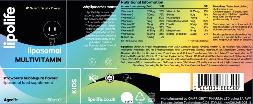 Kids Liposomal Multivitamin - 150ml - strawberry bubblegum flavour - lipolife